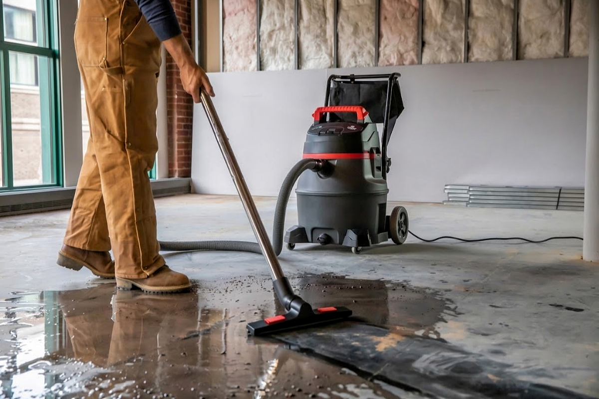 heavy-duty wet dry vacuum cleaner in action